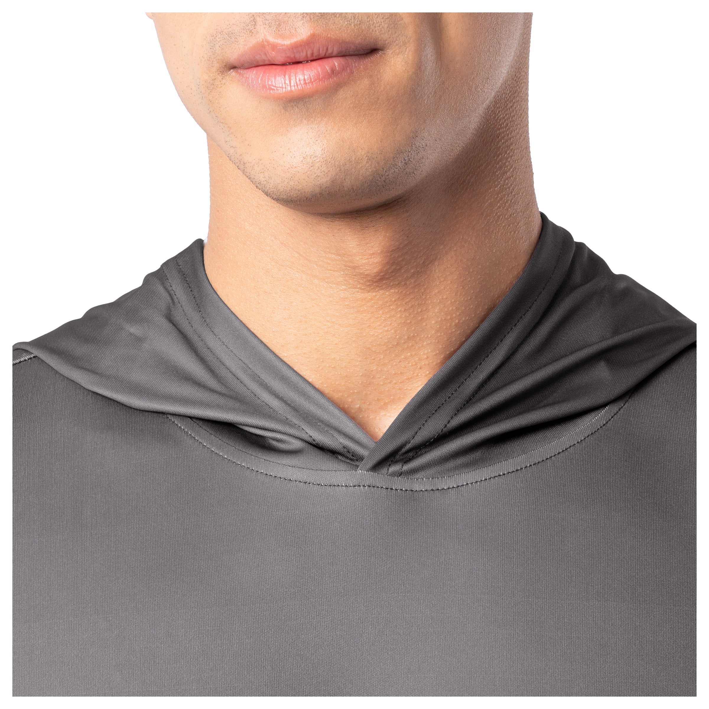 Close-up of neckline and hood stitching on charcoal gray Guy Harvey Men’s Rack Hoodie.