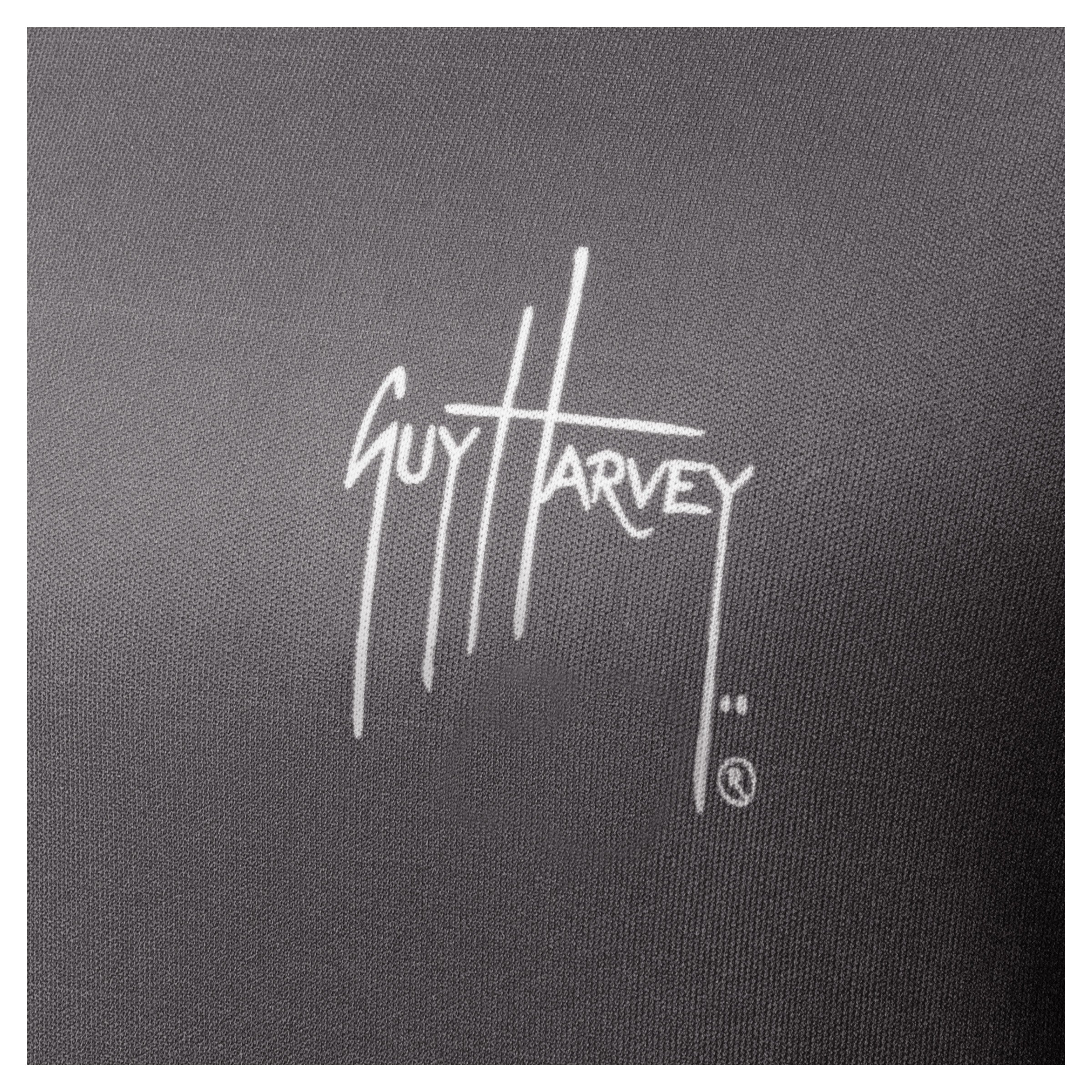 White Guy Harvey signature logo printed on left chest of charcoal gray Men’s Rack Hoodie.