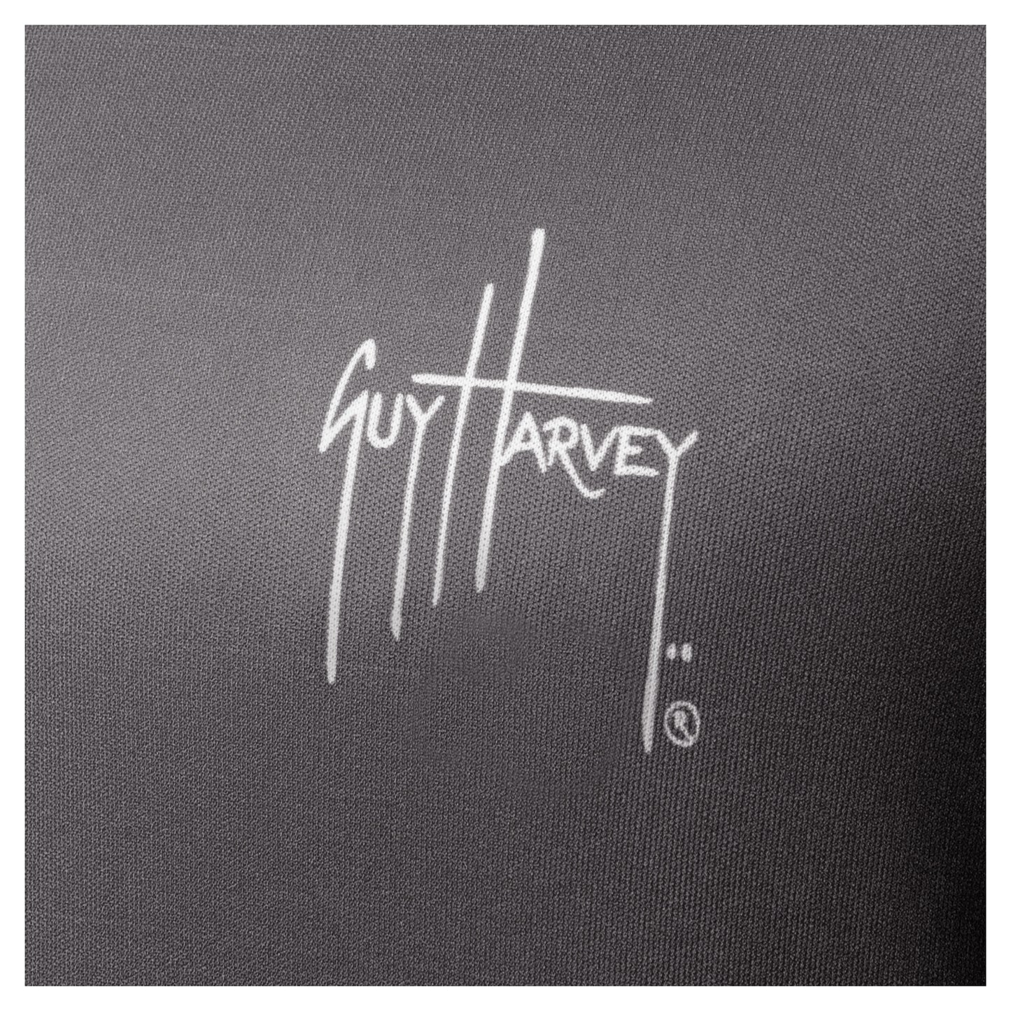 White Guy Harvey signature logo printed on left chest of charcoal gray Men’s Rack Hoodie.