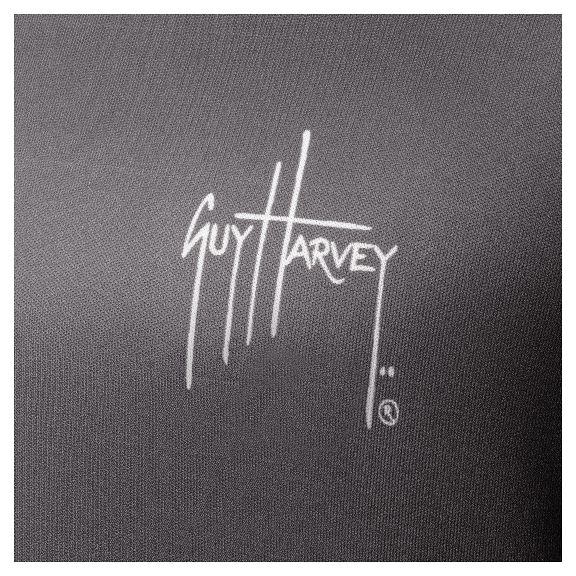 White Guy Harvey signature logo printed on left chest of charcoal gray Men’s Rack Hoodie.