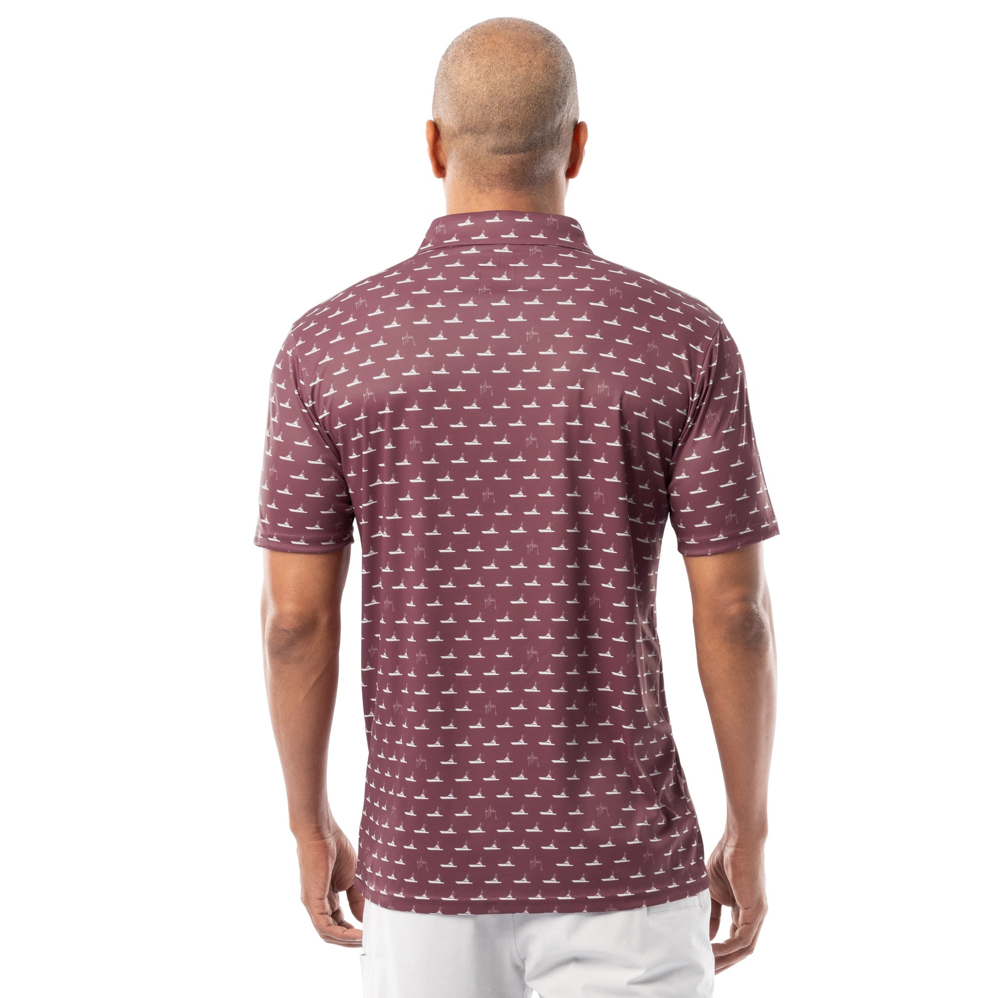 Back view of red wine Guy Harvey Men’s Red Fleet Printed Performance Polo Shirt showing full print.