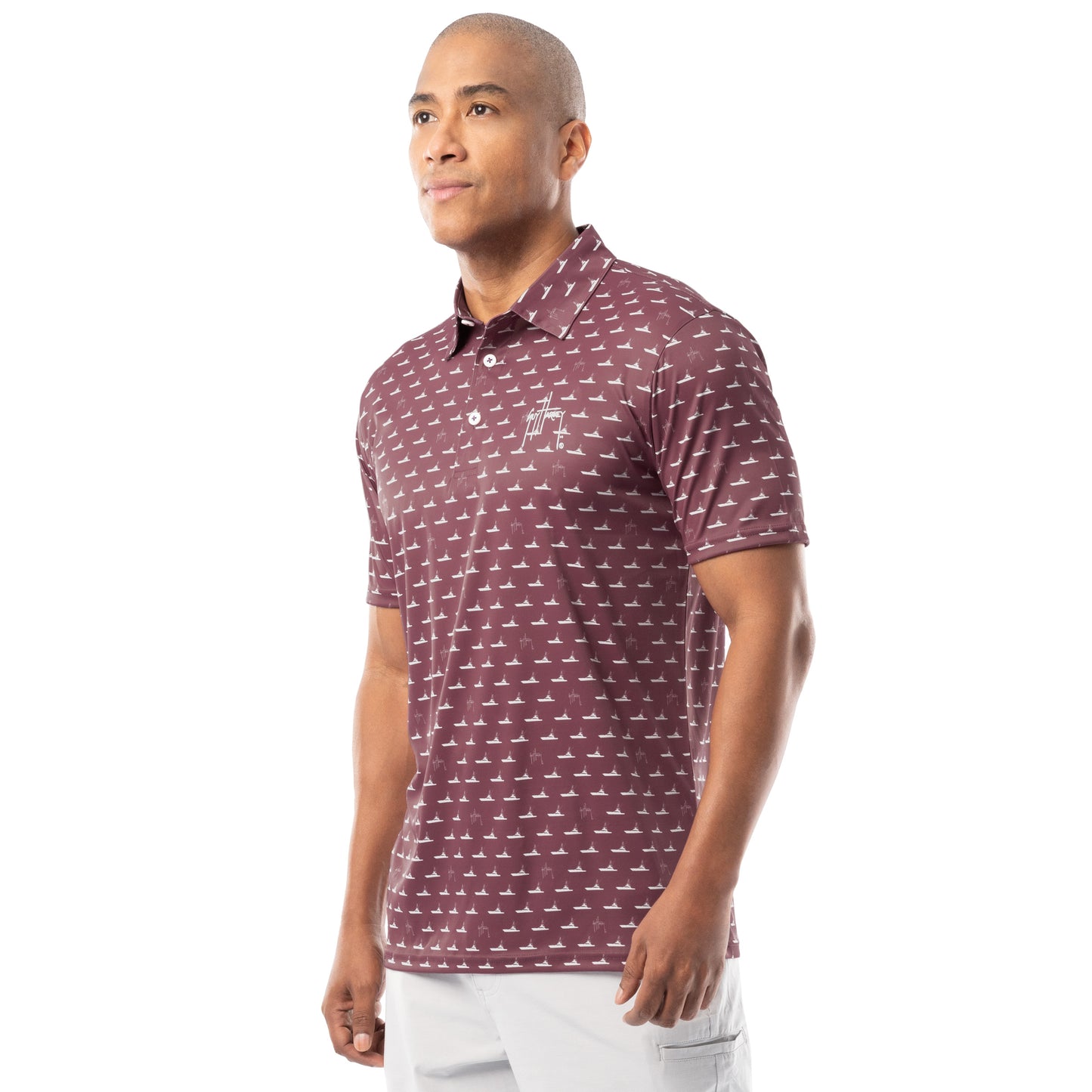 Side view of red wine Guy Harvey Men’s Red Fleet Printed Polo highlighting modern athletic fit.
