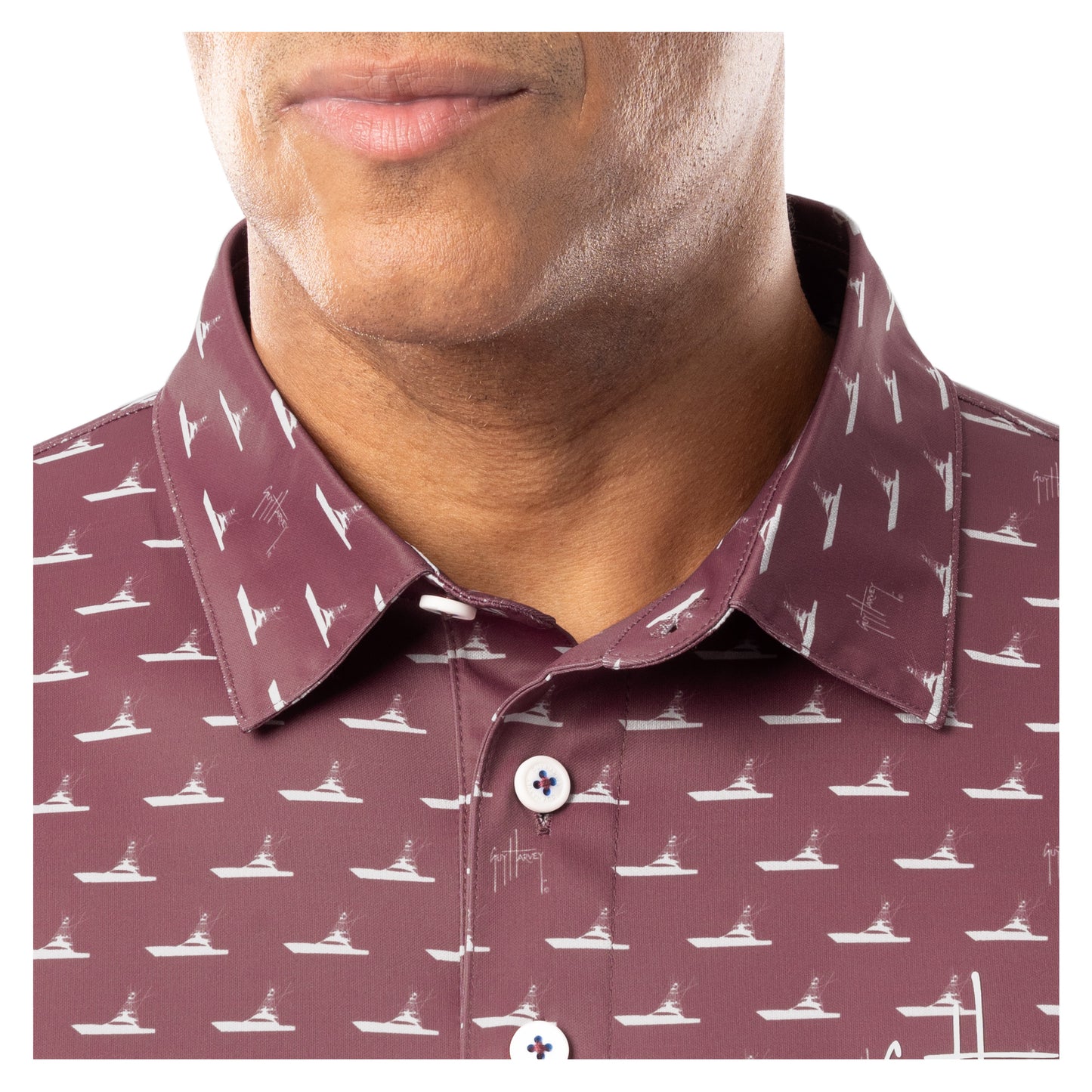 Close-up of collar and button placket on red wine Guy Harvey Men’s Red Fleet Printed Performance Polo.