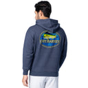 Rear angled view of a man wearing a navy blue Guy Harvey fishing fleece hoodie featuring mahi mahi design and logo text.
