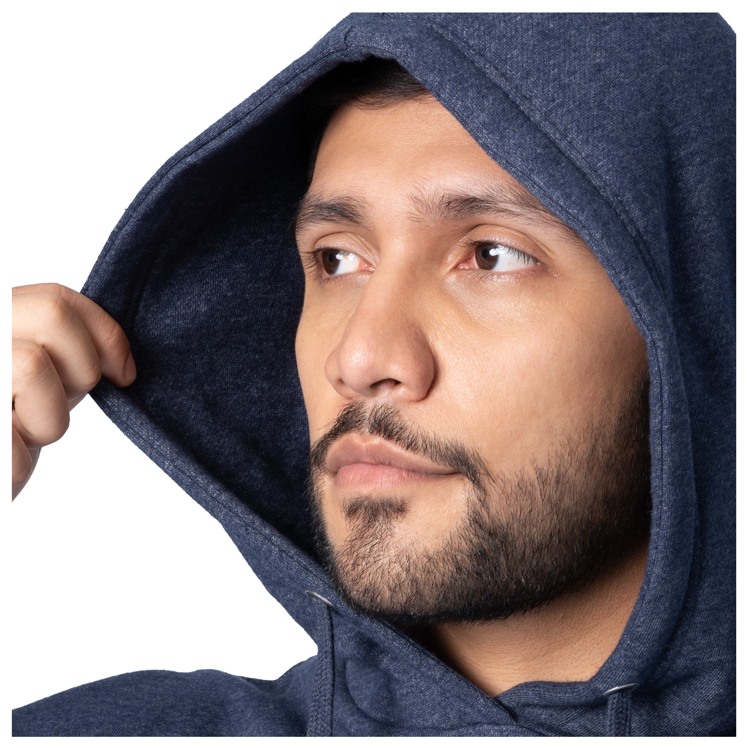 Close-up of a man wearing a navy blue Guy Harvey fishing fleece hoodie with the hood up.