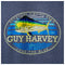 Close-up of the mahi mahi and offshore fishing artwork printed on the back of a navy blue Guy Harvey fishing fleece hoodie.