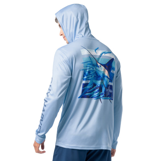 Back view of light blue Guy Harvey Men’s Sail Stripes Sun Protection Hoodie featuring sailfish artwork.