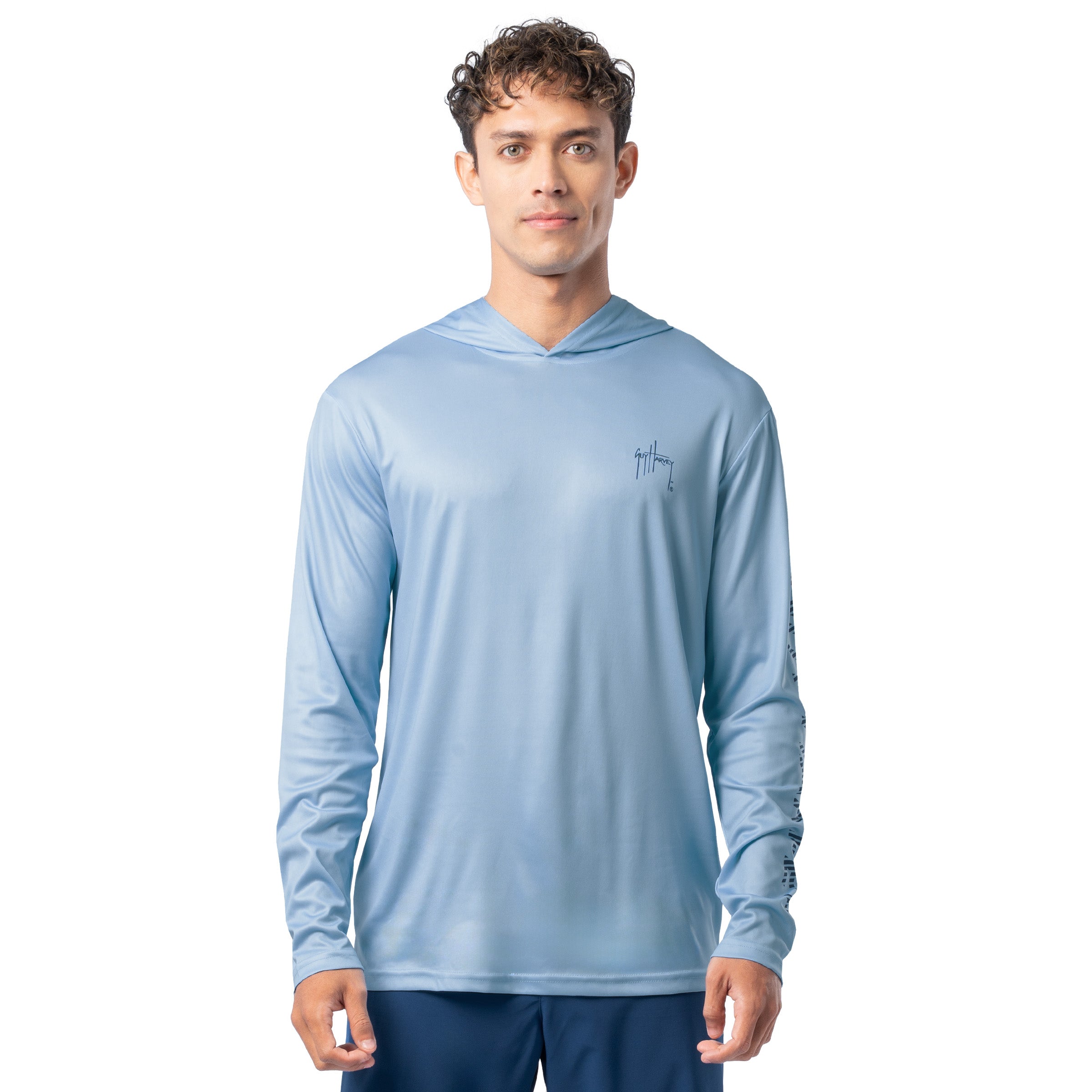 Front view of light blue Guy Harvey Men’s Sail Stripes Sun Protection Hoodie with navy logo on chest.