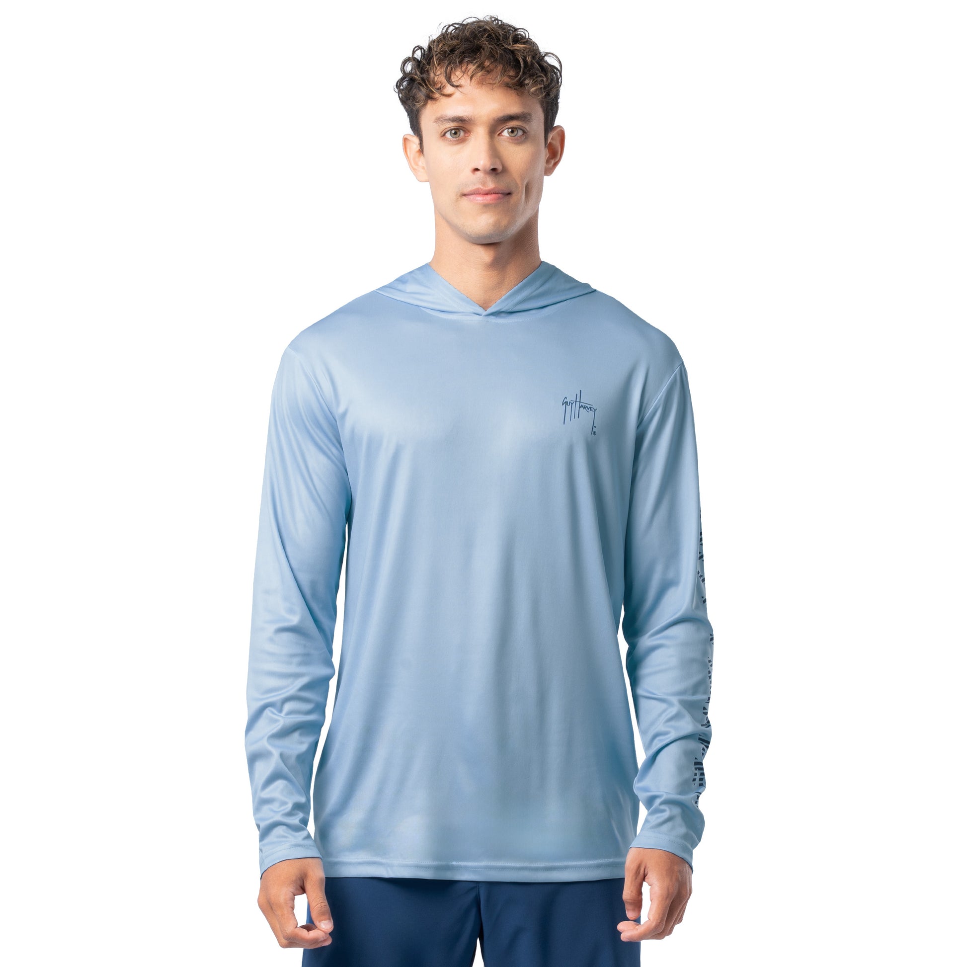 Front view of light blue Guy Harvey Men’s Sail Stripes Sun Protection Hoodie with navy logo on chest.