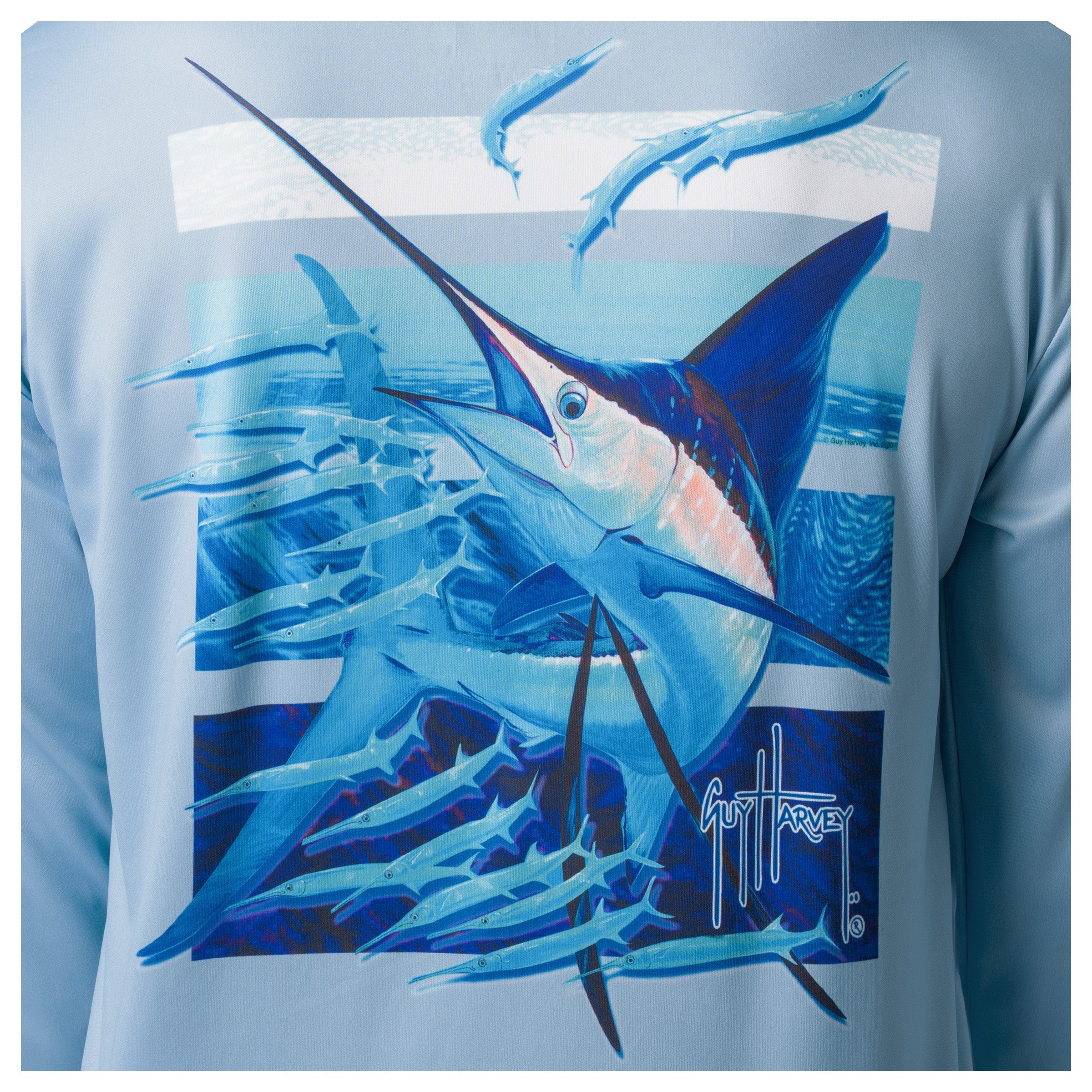 Close-up of Guy Harvey “Sail Stripes” artwork with dynamic sailfish illustration on light blue fabric.