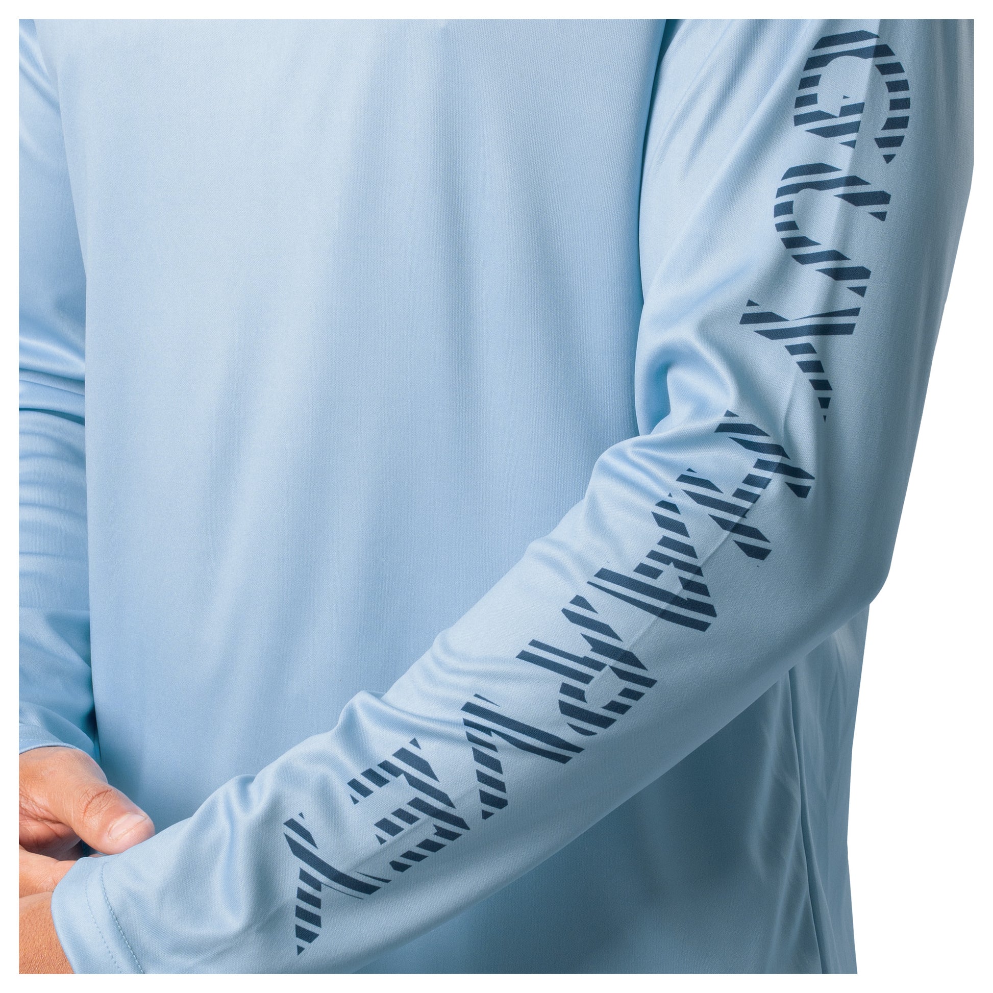 Detail of navy Guy Harvey sleeve logo on light blue Men’s Sail Stripes Sun Protection Hoodie.