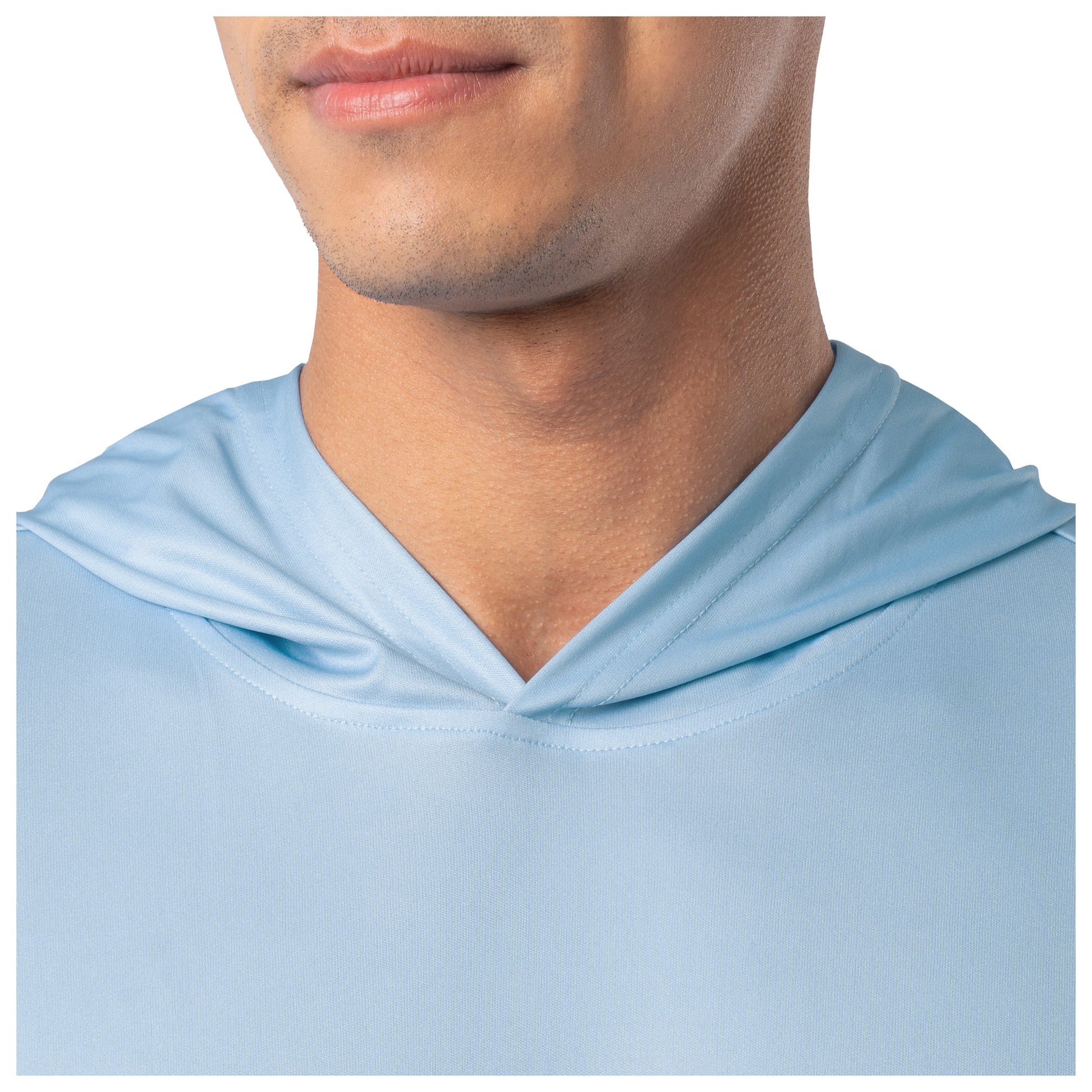 Close-up of neckline and hood stitching on light blue Guy Harvey Men’s Sail Stripes Hoodie.