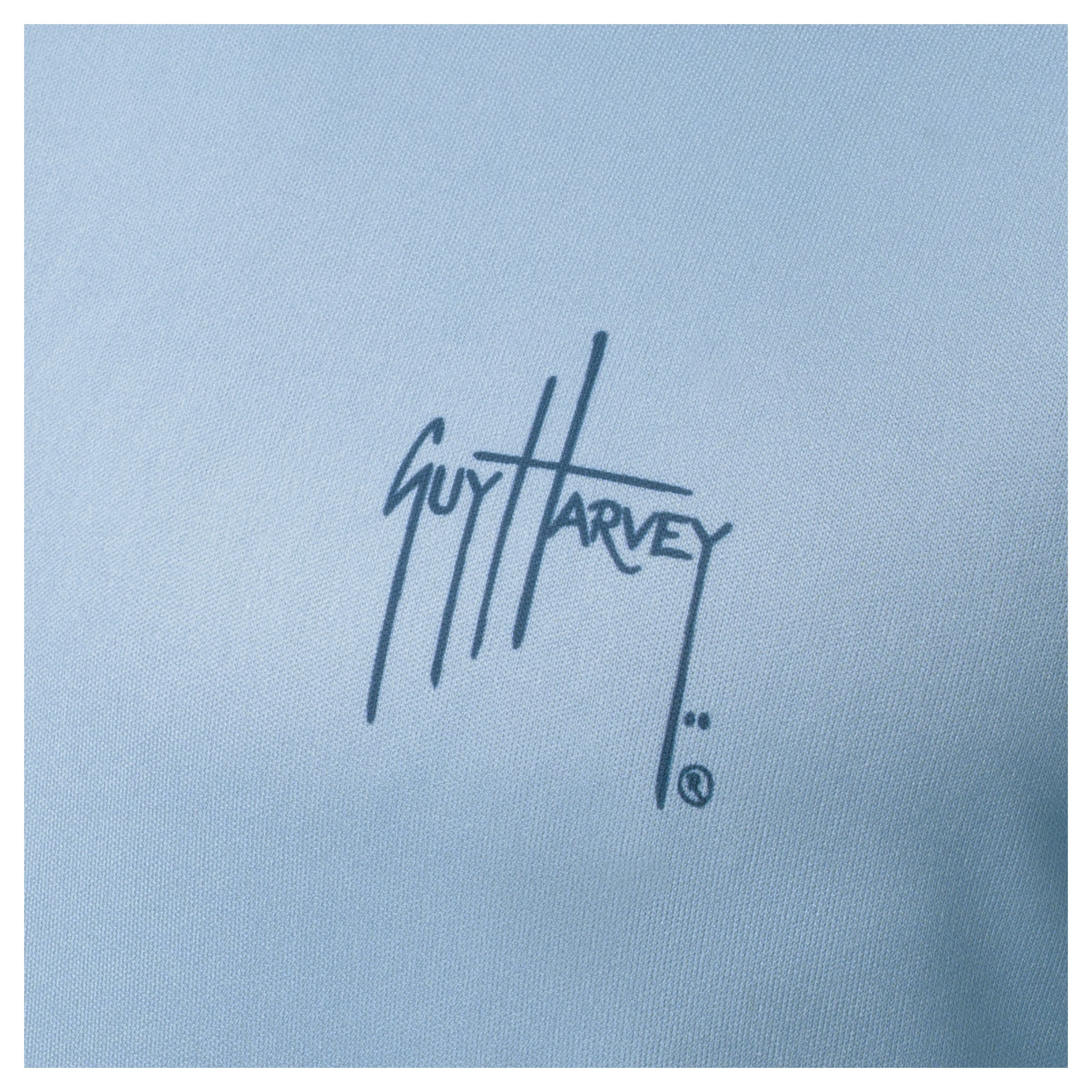 Navy Guy Harvey signature logo printed on left chest of light blue Men’s Sail Stripes Hoodie.