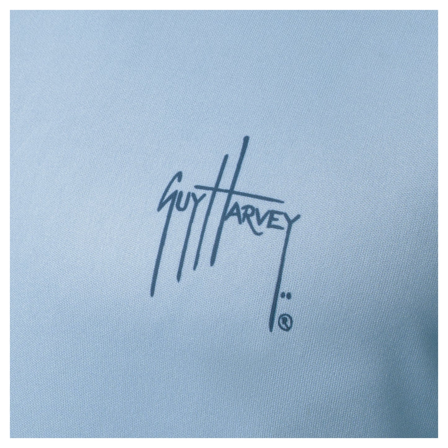 Navy Guy Harvey signature logo printed on left chest of light blue Men’s Sail Stripes Hoodie.