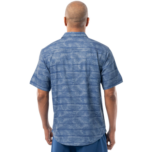 Back view of denim blue Guy Harvey Men’s Sandbar Printed Resort Shirt showing full print design.