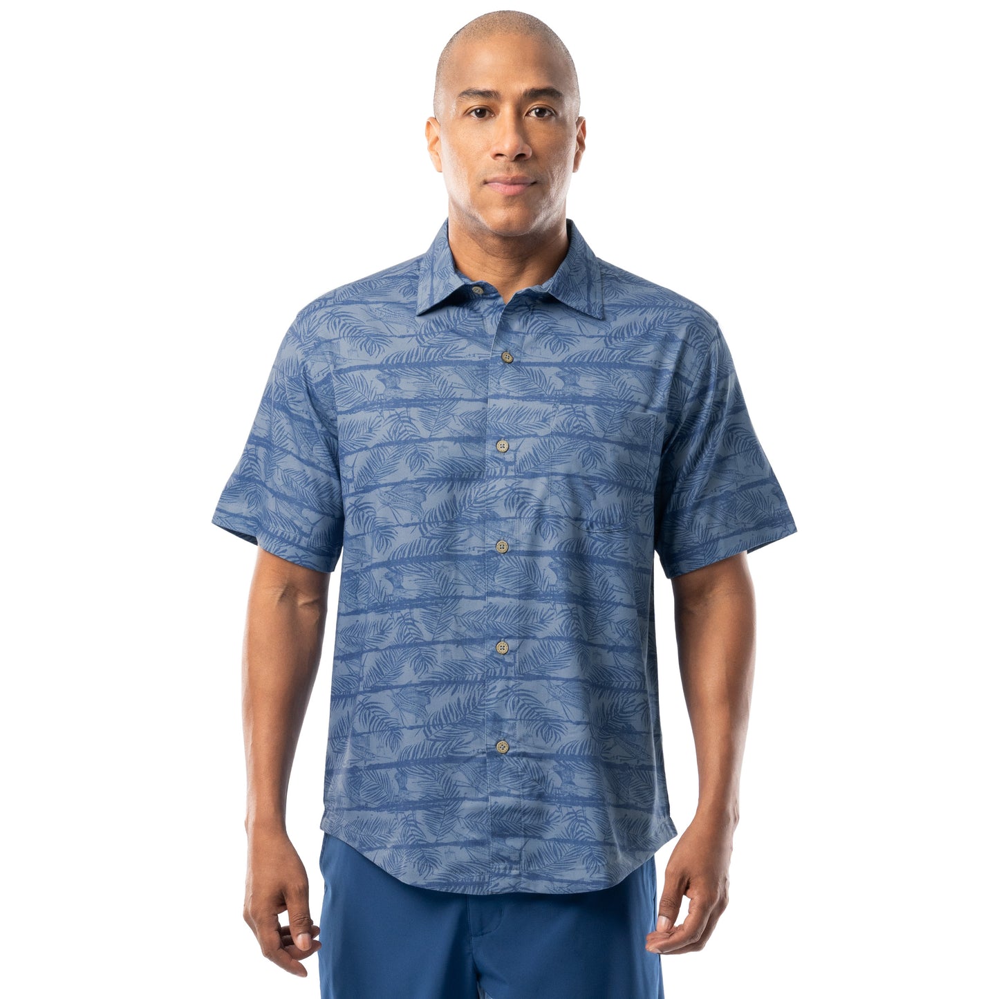 Front view of denim blue Guy Harvey Men’s Sandbar Printed Resort Shirt with palm and marlin pattern.