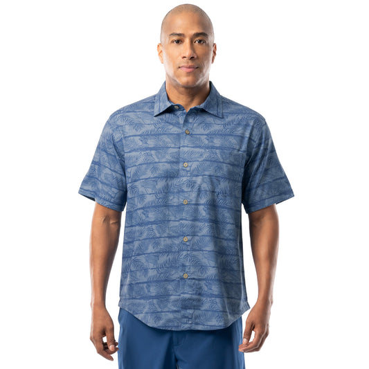 Front view of denim blue Guy Harvey Men’s Sandbar Printed Resort Shirt with palm and marlin pattern.