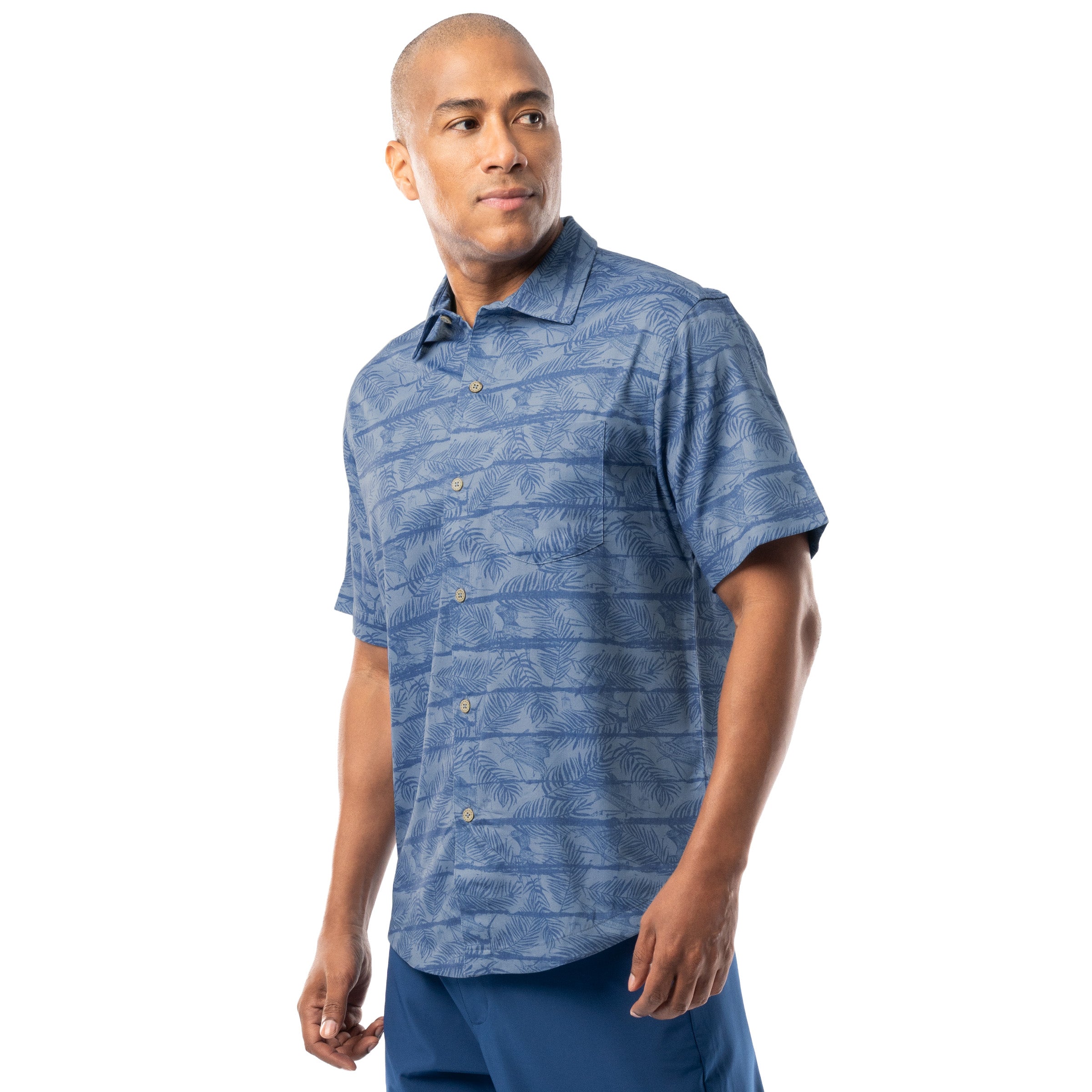 Side view of denim blue Guy Harvey Men’s Sandbar Printed Resort Shirt highlighting relaxed fit.