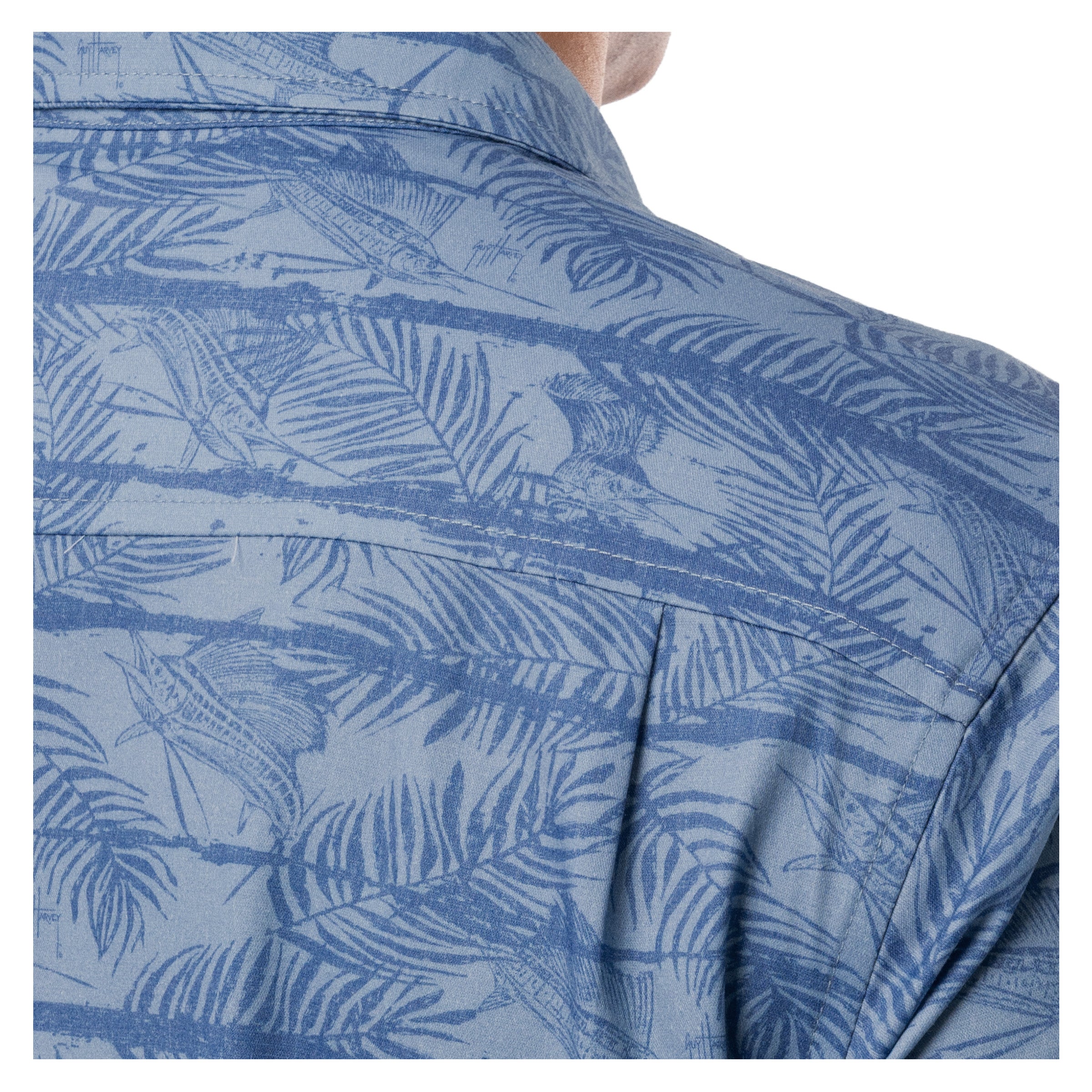 Detail of back yoke and pleat on denim blue Guy Harvey Sandbar Resort Shirt.
