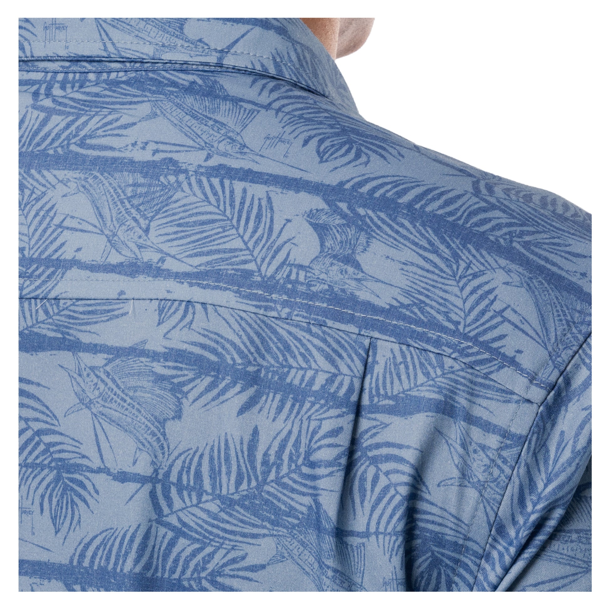Detail of back yoke and pleat on denim blue Guy Harvey Sandbar Resort Shirt.