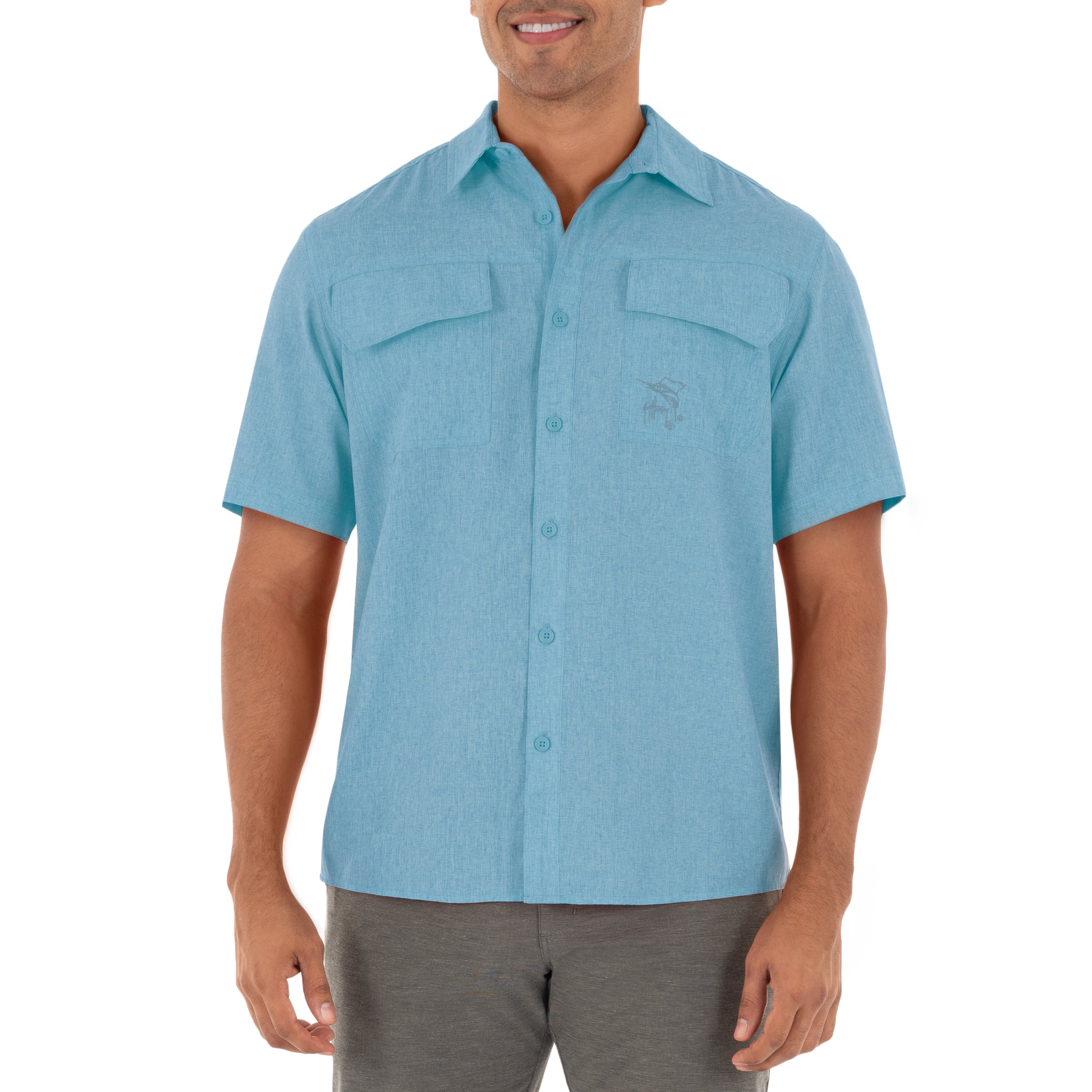 Guy Harvey Men's Short Sleeve Heather Textured Performance Fishing Shirt in light blue with ventilated back