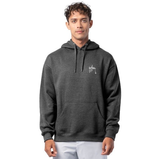Front view of a man wearing a dark gray Guy Harvey fishing fleece hoodie with the white Guy Harvey logo on the chest.