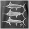 Close-up of three white marlin line-art graphics designed by Guy Harvey on the back of a dark gray fishing fleece hoodie.