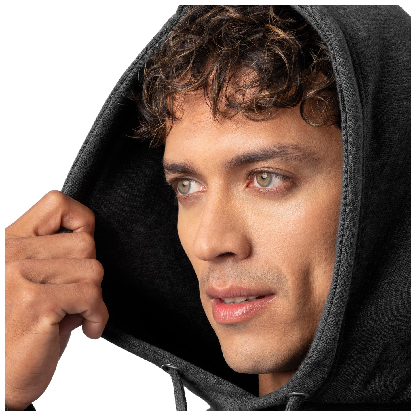 Close-up of a man wearing a dark gray Guy Harvey fishing fleece hoodie with the hood up.