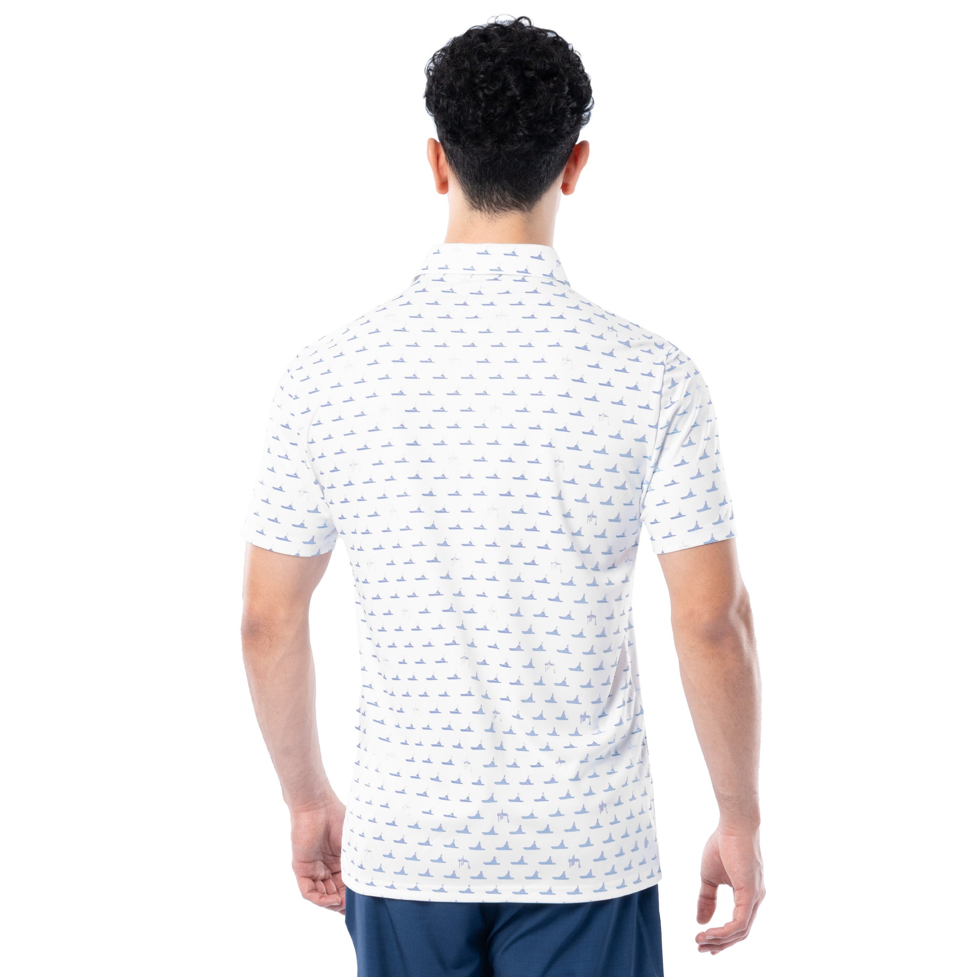 Back view of white Guy Harvey Men’s White Fleet Printed Performance Polo Shirt showing full print design.