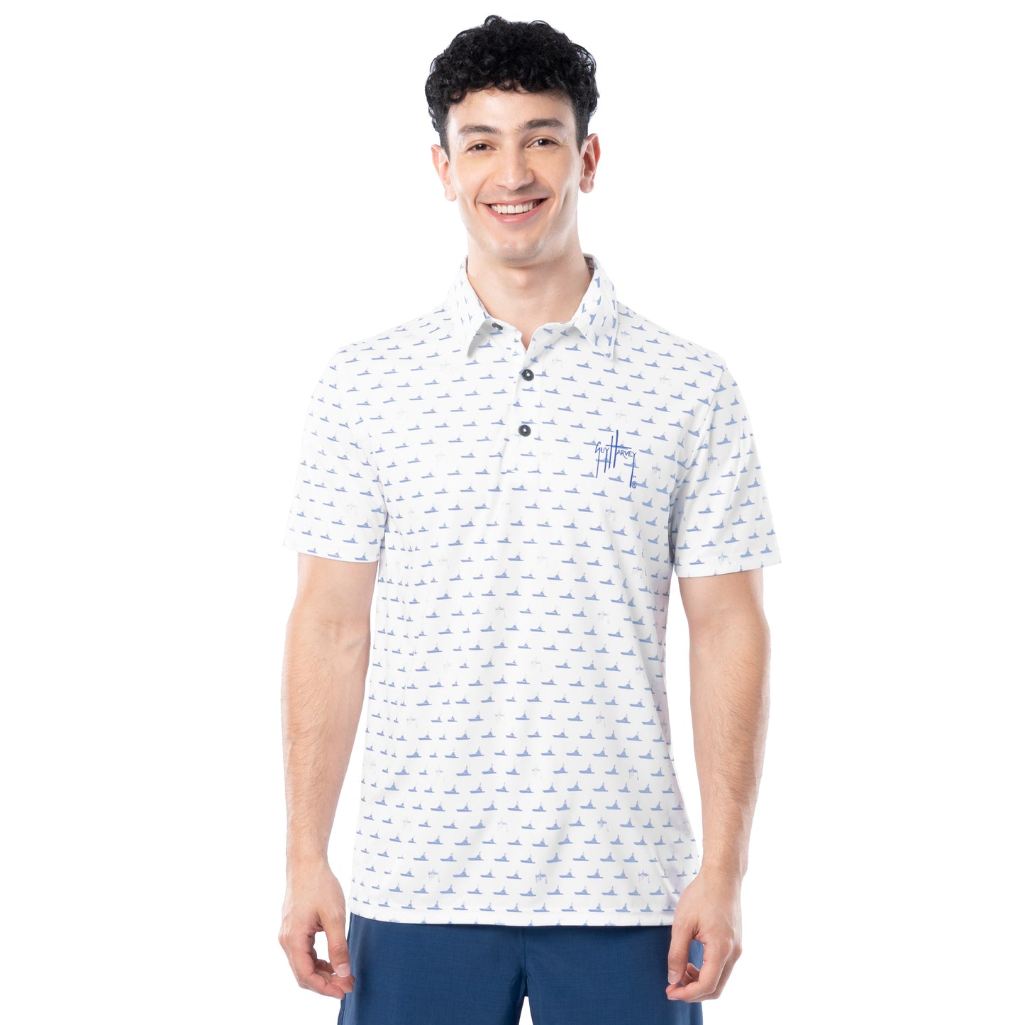 Front view of white Guy Harvey Men’s White Fleet Printed Performance Polo Shirt with blue boat pattern.