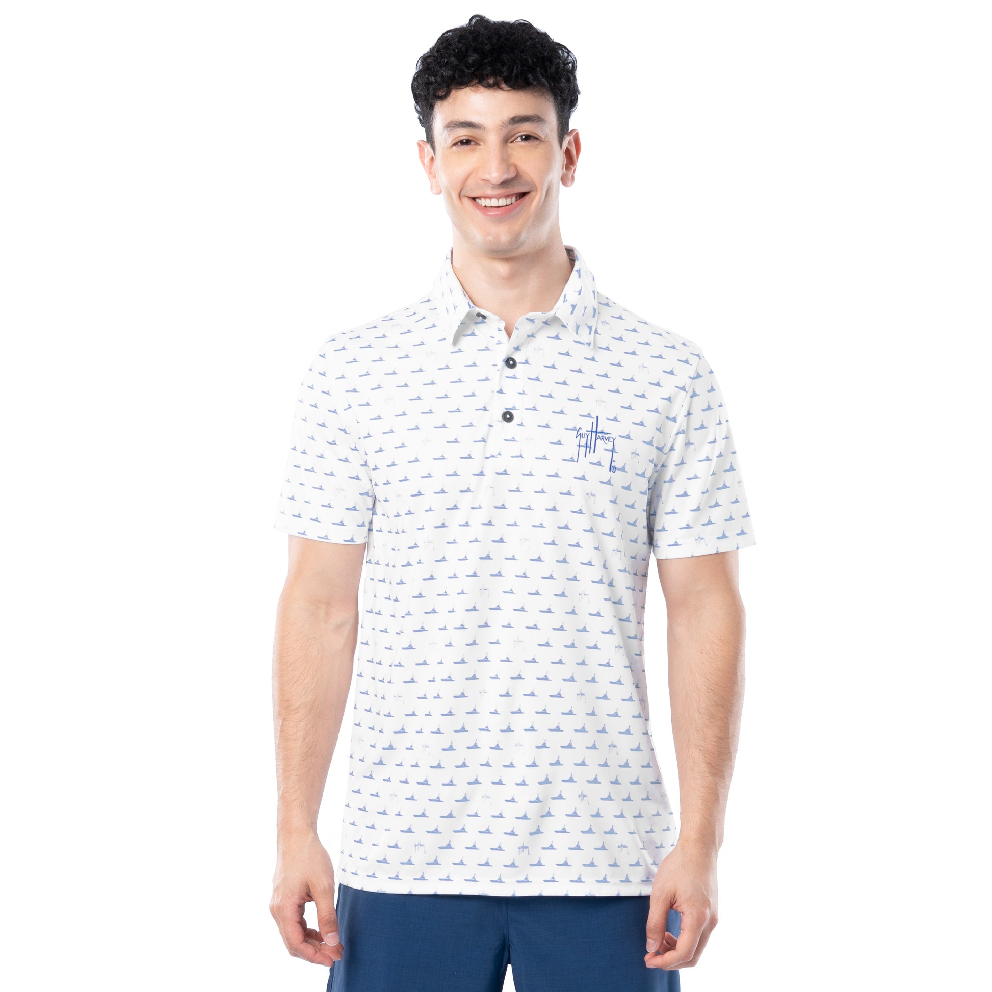 Front view of white Guy Harvey Men’s White Fleet Printed Performance Polo Shirt with blue boat pattern.