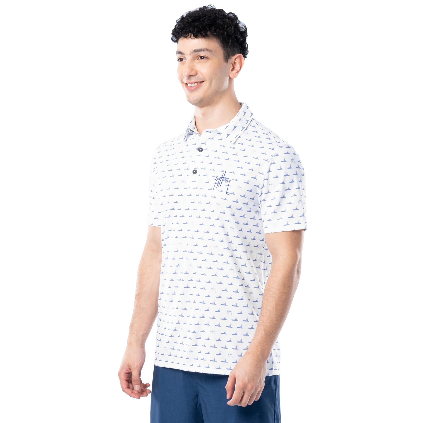 Side view of white Guy Harvey Men’s White Fleet Performance Polo highlighting fit and short sleeves.