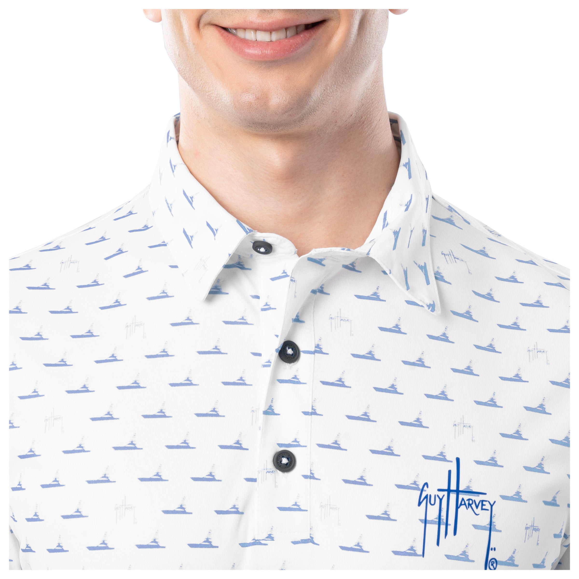 Close-up of collar and buttons on white Guy Harvey Men’s White Fleet Printed Polo Shirt.