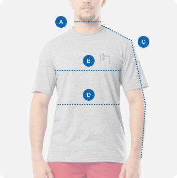 Gray t-shirt with labeled measurements on a white background
