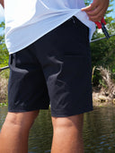 Close up of a pair of men's navy blue shorts