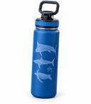 A blue insulated water bottle with a black and blue lid, featuring white line art illustrations of a shark, a marlin, and a sea turtle on the front.