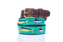 Guy Harvey Men’s Offshore Leather Tab Belt with mahi-mahi and marlin illustrations on green cotton webbing, brown leather tabs, and brass buckle