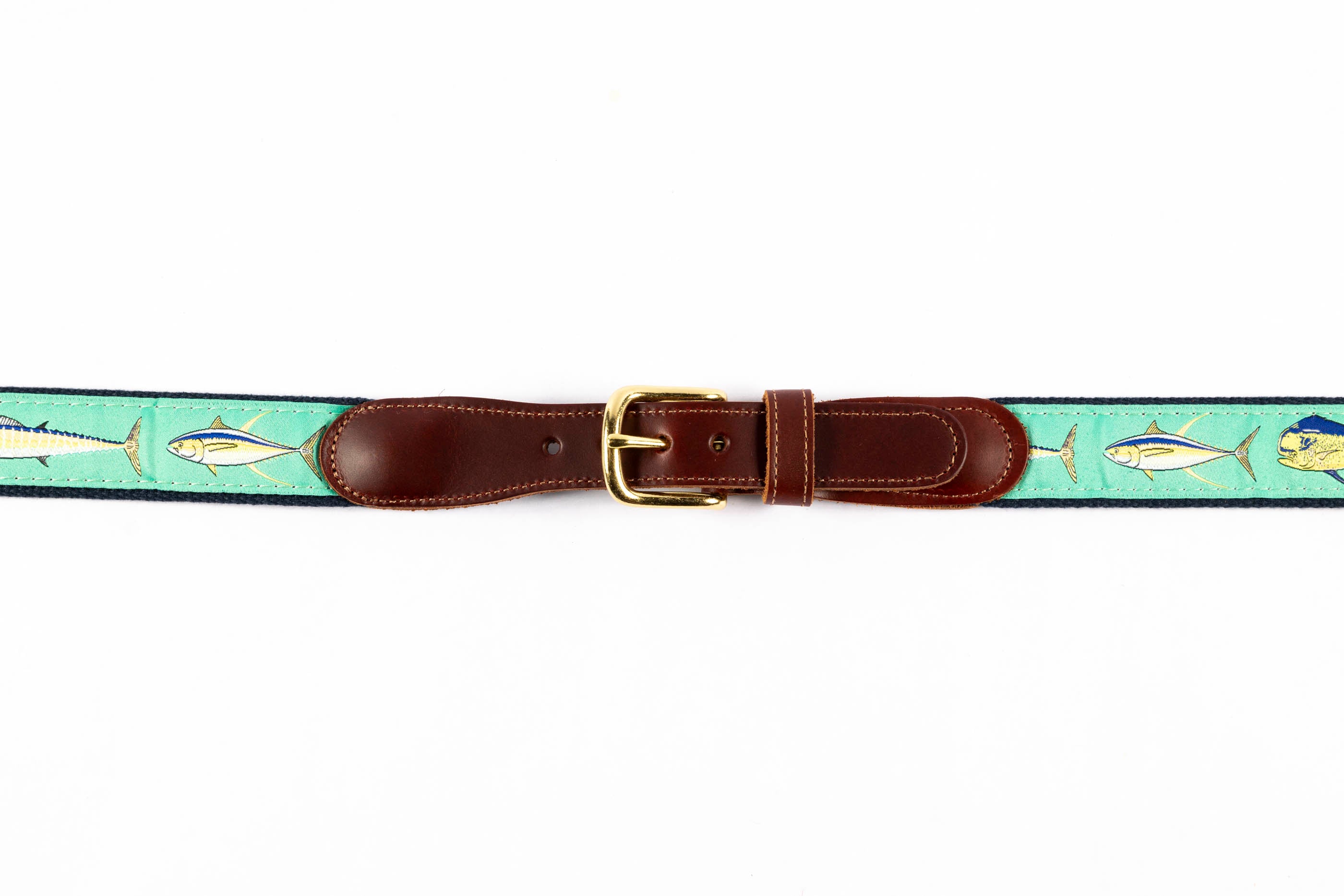 Guy Harvey men's Offshore leather tab belt with green needlepoint offshore game fish design and brass buckle.