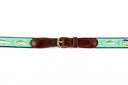 Guy Harvey men's Offshore leather tab belt with green needlepoint offshore game fish design and brass buckle.