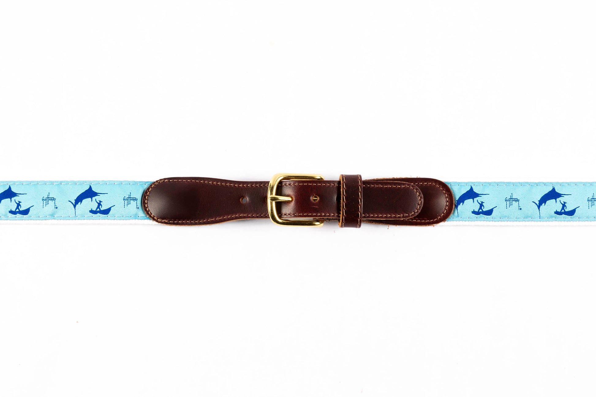 Guy Harvey men's Old Man and the Sea leather tab belt with light blue needlepoint marlin fishing scene and brass buckle.
