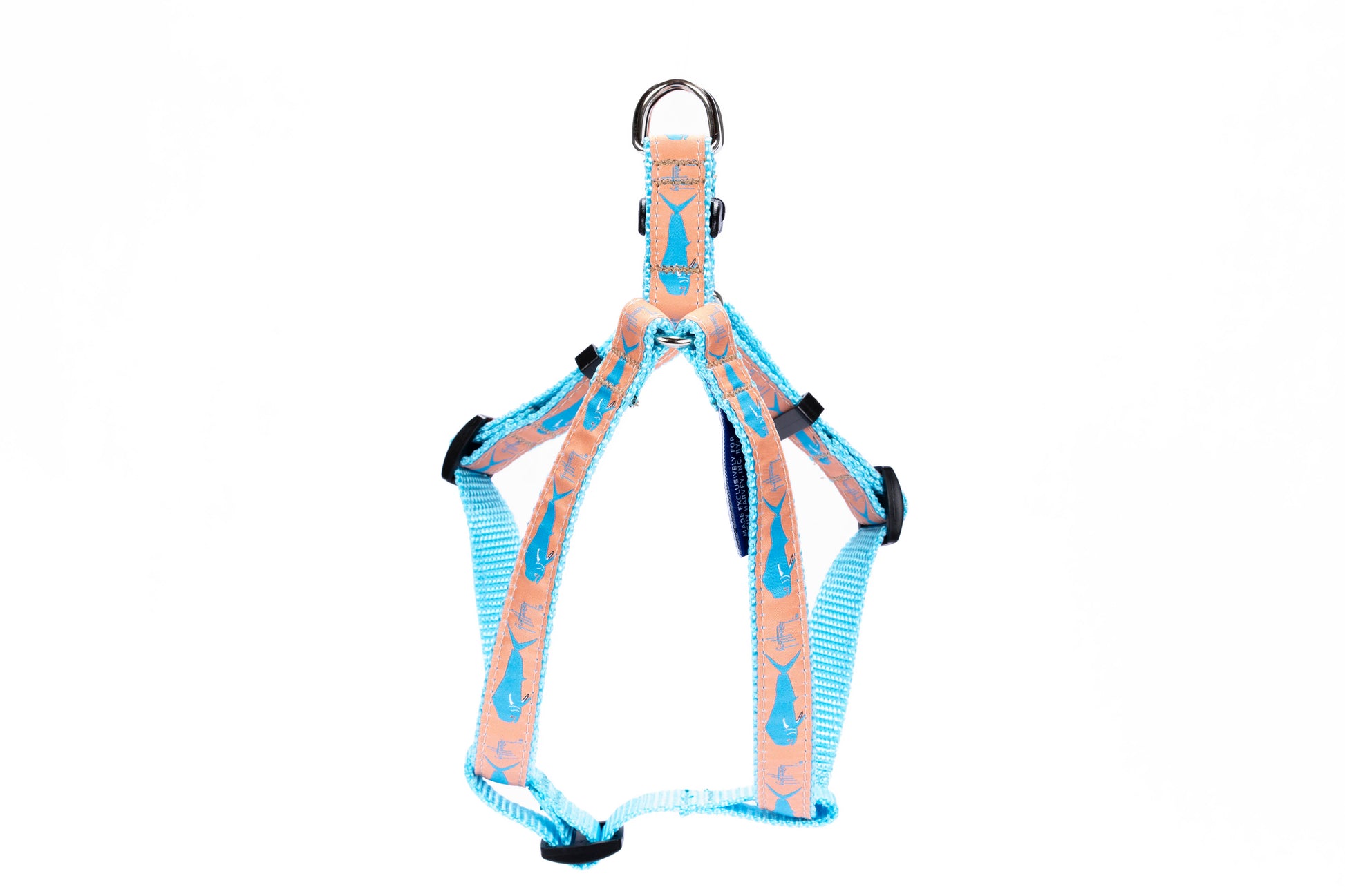 Guy Harvey Orange Dorado Dog Harness with aqua fish design on durable nylon straps