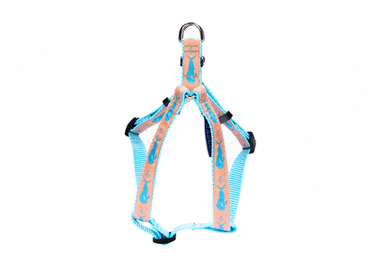 Guy Harvey Orange Dorado Dog Harness with aqua fish design on durable nylon straps