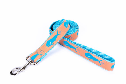 Guy Harvey Orange Dorado Dog Leash with aqua fish design on durable nylon strap