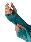 Thumbhole zoom in view on the long sleeve sun protection shirt in teal color