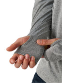 Thumhole zoom in view on the long sleeve hoodie in color grey