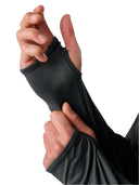 Thumbhole zoom in view on the long sleeve hoodie in color dark grey