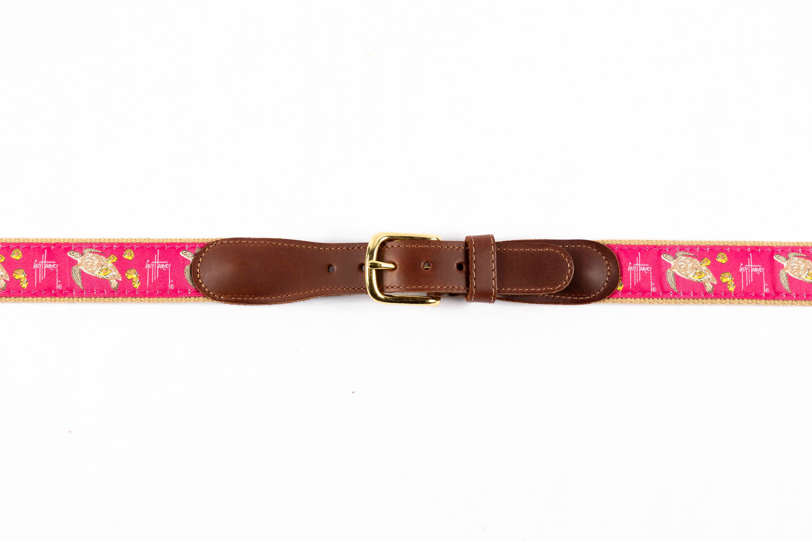 Guy Harvey men's Sea Turtle leather tab belt with bright pink needlepoint sea turtle design and brass buckle.
