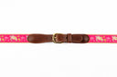 Guy Harvey men's Sea Turtle leather tab belt with bright pink needlepoint sea turtle design and brass buckle.