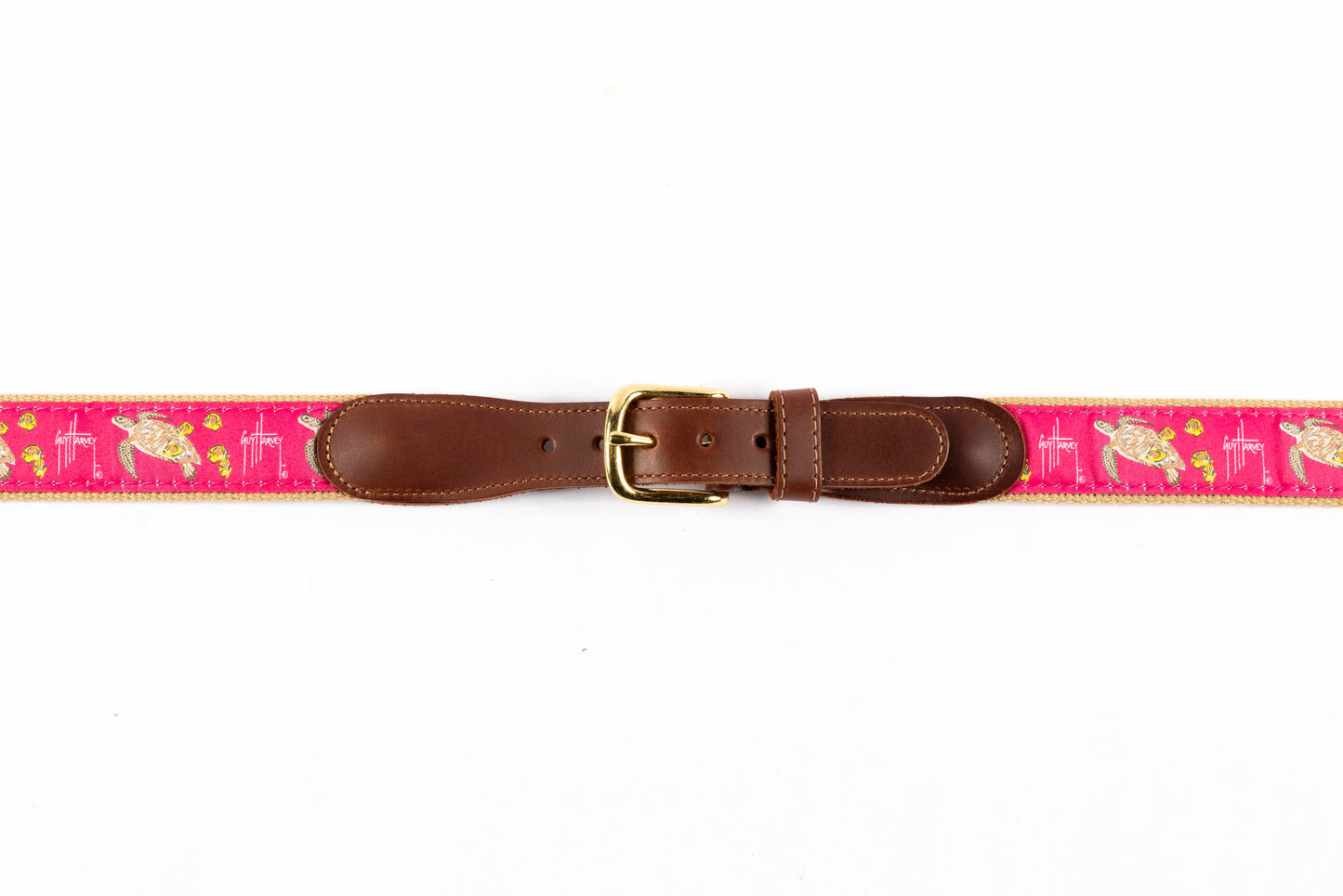 Guy Harvey men's Sea Turtle leather tab belt with bright pink needlepoint sea turtle design and brass buckle.