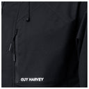 Close-up of a black hooded jacket with a diagonal zippered pocket and white GUY HARVEY text near the bottom, shown against a white background.